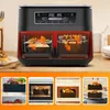 A collage showing a dual-zone air fryer with accessories and its usage in different scenarios. Voir les images du produit