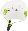 A white climbing helmet with green accents and straps, shown from a side-angle against a white background. Produktbild-Vorschau