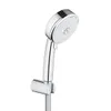 A chrome hand shower head with a white faceplate, mounted on a chrome shower rail. Produktbild-Vorschau