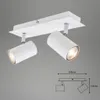 A white metal ceiling light fixture with two adjustable spotlights against a gray background. Produktbild-Vorschau