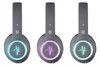 Three gray headphones with illuminated circular logos showing a sound wave pattern, each with a different color. Náhľad obrázku produktu