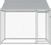 A front view of a grey dog kennel with a roof and door, set against a white background. Produktbild-Vorschau