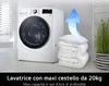 A white LG washing machine is shown next to a stack of folded white bedding and a pillow, with a blue arrow graphic pointing upwards from the bedding. Náhľad obrázku produktu