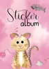 A cute cartoon cat is depicted on a pink watercolor background, with text indicating it is a sticker album. There are also small illustrations of a fish skeleton, a ball of yarn, and a mouse. Produktbild-Vorschau