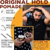 A man styling his hair with pomade, with product features listed on the side. Podgląd zdjęcia produktu