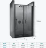 A diagram showing the dimensions of a shower door, with a product image in the background. Produktbild-Vorschau