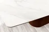 Close-up of a modern coffee table with a marble-patterned top and a curved wooden base. Produktbild-Vorschau