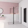 A modern bathroom with a walk-in shower, pink tiled wall, and marble accents. Produktbild-Vorschau