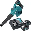 A cordless leaf blower with two batteries and a charger, displayed against a white background. Produktbild-Vorschau