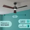 A ceiling fan with dark brown blades is mounted on a white ceiling, above a teal wall. Text overlays provide product information like dimensions, room size suitability, and available accessories. Náhled obrázku produktu