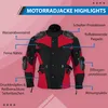 Motorradjacke in Rot, Vorderansicht. Mit Reiß- und Knopfverschluss, Protektoren für Schultern, Ellbogen, Arme, Brust und Rücken. Reflektierende Paspel, feine Nähte, atmungsaktives Gewebe und verstellbare Klettverschlüsse. Produktbild-Vorschau