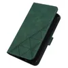 A green flip-style phone case with a geometric pattern is shown from a slightly elevated angle against a white background. Produktbild-Vorschau