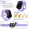A collage of images showing a purple smartwatch, its features, and dimensions. Produktbild-Vorschau