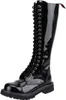 A single black, shiny, knee-high lace-up boot. Náhľad obrázku produktu