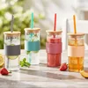 4er Set Glas mit Deckel 400ml Bunt Strohhalm Bambusdeckel Produktbild-Vorschau 3