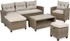 An outdoor lounge set with a sofa, armchair, coffee table, and ottoman. Náhľad obrázku produktu
