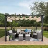 An outdoor patio set with a pergola, dining table, chairs, and seating arranged on a wooden deck. Produktbild-Vorschau