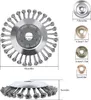 A collage of images showing a wire brush weed trimmer head and various mounting accessories with dimensions. Podgląd zdjęcia produktu