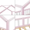 Collage of close-up shots of a pink and white wooden house-shaped bed frame, showing construction details and slats. Náhled obrázku produktu