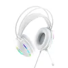 A white gaming headset with colorful LED lights. Produktbild-Vorschau