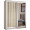 A white wardrobe with sliding doors, one of which has a mirror and the other has vertical wooden slats. Náhled obrázku produktu