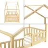 A collage of four close-up images showing the construction details of a wooden house-shaped bed frame. Náhled obrázku produktu