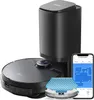 A robot vacuum cleaner, its charging station, and a smartphone displaying a floor plan. Náhled obrázku produktu