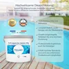 A bucket of pool chlorine tablets is shown in front of a blurred swimming pool. Produktbild-Vorschau
