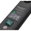 Close-up of a black surge protector with a green power button and a graph showing HF-Filter (EMI/RFI) performance. Produktbild-Vorschau
