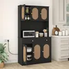A black kitchen cabinet with cane detailing, featuring a microwave, jars, and other kitchen items. Podgląd zdjęcia produktu