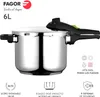 A Fagor 6L stainless steel pressure cooker is shown against a white background, with various feature icons and text. Podgląd zdjęcia produktu