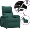 A dark green fabric massage recliner with inset images showing its mechanical components and reclining function. Náhľad obrázku produktu