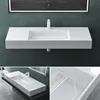A collage of images showing a modern white wall-mounted sink with a faucet, and close-up views of its design. Produktbild-Vorschau