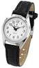 A close-up studio shot of a women's wristwatch with a white face and black leather strap. Produktbild-Vorschau