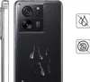 A clear protective case for a smartphone, showing water droplets and fingerprint smudges on the back, with icons indicating water and fingerprint resistance. Produktbild-Vorschau