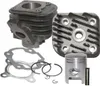 A set of engine parts, including a cylinder, cylinder head, piston, and gaskets, arranged on a white background. Produktbild-Vorschau