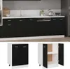 A modern kitchen with black cabinets and a white countertop, featuring a sink and dishwasher. Below are two separate images of a black and white cabinet. Produktbild-Vorschau