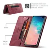 A red leather wallet case for a smartphone is shown open, displaying the phone screen and card slots. Text overlays describe the features of the wallet case. Produktbild-Vorschau