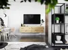 A modern living room with a mounted TV and a wooden media console. Podgląd zdjęcia produktu