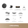 An arrangement of accessories and components for a robot vacuum cleaner, laid out on a white background with a brown footer. Produktbild-Vorschau