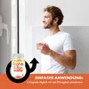 A man holding a glass of water and looking out a window, with a product bottle in the foreground and marketing text at the bottom. Produktbild-Vorschau