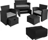 A set of outdoor rattan furniture including a sofa, chairs, ottomans, and a coffee table, with a protective cover shown separately. Náhled obrázku produktu