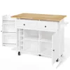 A white kitchen island with a wooden countertop and open doors and drawers, shown against a white background. Podgląd zdjęcia produktu