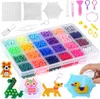 A flat lay of a craft kit for making bead art, including beads, tools, and examples of finished products. Náhľad obrázku produktu
