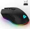 A black wireless gaming mouse with RGB lighting and a USB receiver. Produktbild-Vorschau