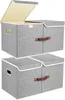 Two stacks of grey fabric storage boxes with beige interiors and brown handles, one stack with the lid open. Podgląd zdjęcia produktu
