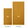 Two sizes of yellow towels are displayed side-by-side against a white background. The smaller towels are labeled '4x' and the larger towels are labeled '2x'. Below the towels, their dimensions are listed: '50 x 100 cm' and '70 x 140 cm'. Produktbild-Vorschau