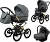 A collage of a baby stroller set, including a bassinet, a seat, and a car seat, all in grey fabric with gold accents. Náhled obrázku produktu