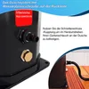 Close-up of a black outdoor shower unit showing connection points and text overlays explaining features. Produktbild-Vorschau