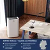 A white air conditioner unit is placed in a modern office setting next to a desk with a lamp and papers. The image includes marketing text and a map of Germany. Produktbild-Vorschau